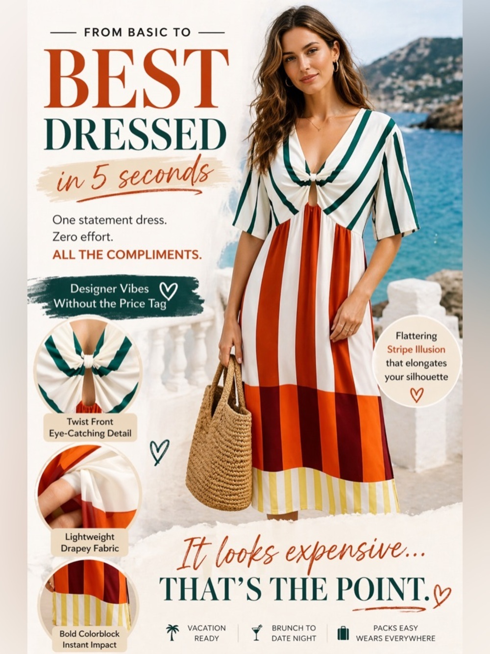 micas statement stripe midi dress bold colorblock twist front large - Picture 4 of 11